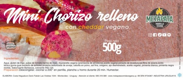 Chorizo relleno vegano Mini Chorizo Relleno con Cheddar Vegano - Metapata (500g)