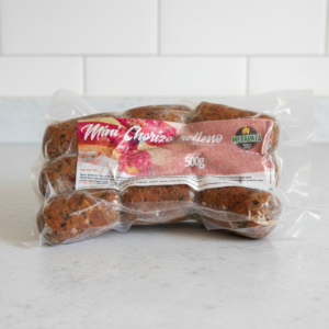 choris rellenos veganos Mini Chorizo Relleno con Cheddar Vegano - Metapata (500g)