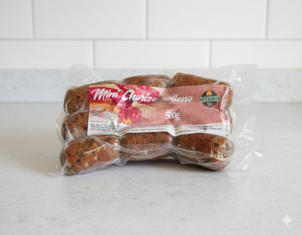 choris rellenos veganos Mini Chorizo Relleno con Cheddar Vegano - Metapata (500g)