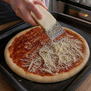 Pizza con salsa en una asadera mientras se le ralla muzzarella vegana por arriba, lista para el horno